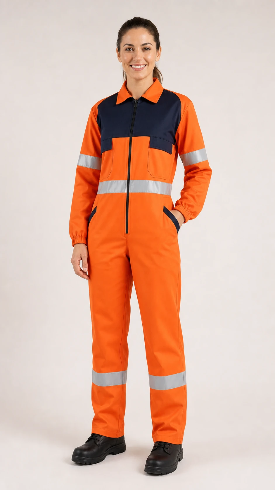 Tuta arancio e blu ad alta visibilità con bande riflettenti indossata da una professionista
