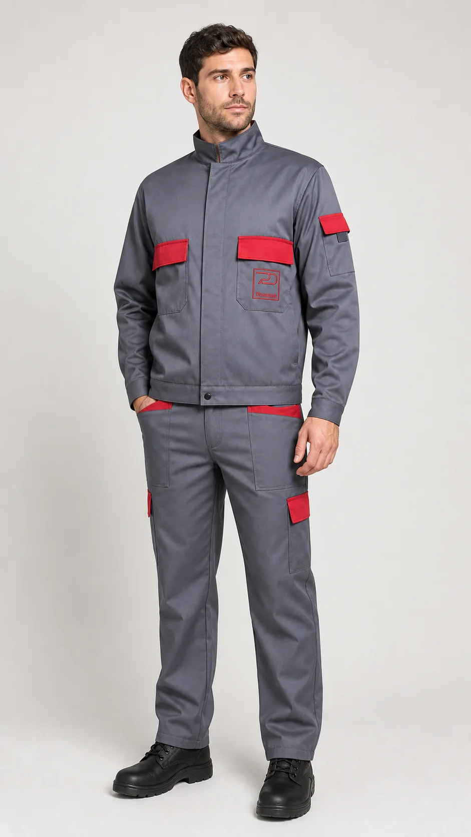 Completo industriale grigio e rosso indossato da una persona