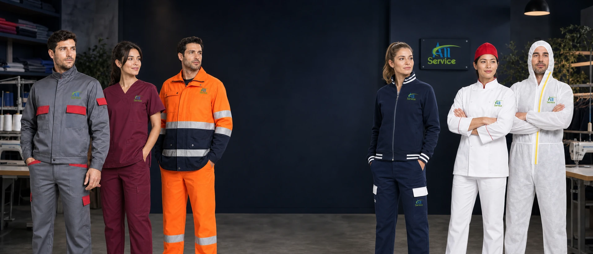 Team All Service composto da professioniste e professionisti con divise industriali, sanitarie, ad alta visibilità, operative, per ristorazione e DPI