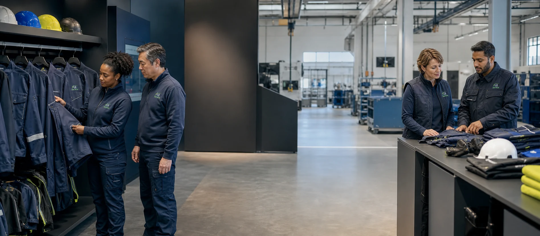 Team All Service con professionisti diversi e divise da lavoro personalizzate
